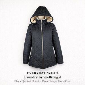 Laundry by Shelli Segal Black Quilted Hooded Faux Sherpa Lined Coat Large